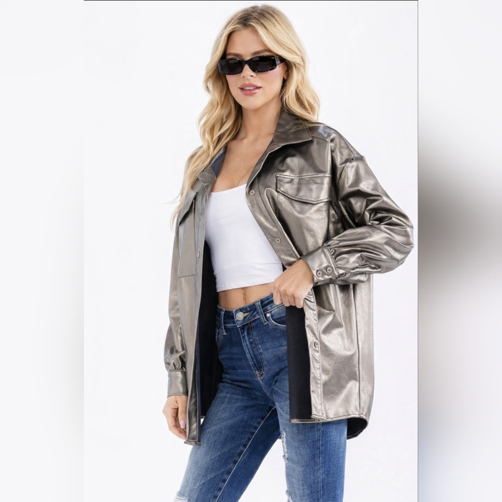 Women’s PU Pleather Button-Front Jacket with Utility Pockets